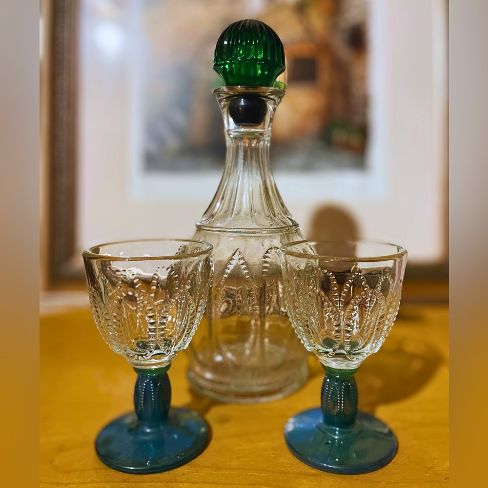 Vintage Avon Emerald Green Beaded Glass Wine Decanter and 2 Cordial Glasses